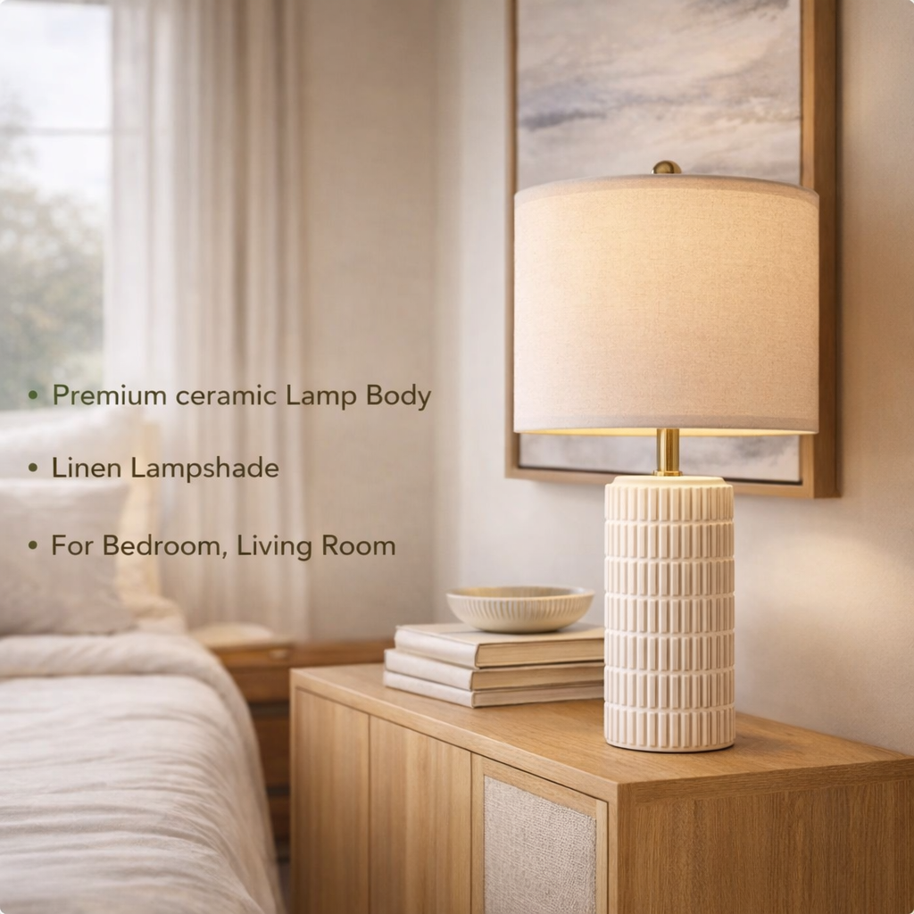 Set of 2 White Ceramic Table Lamps, Modern Farmhouse Bedside Nightstand Light