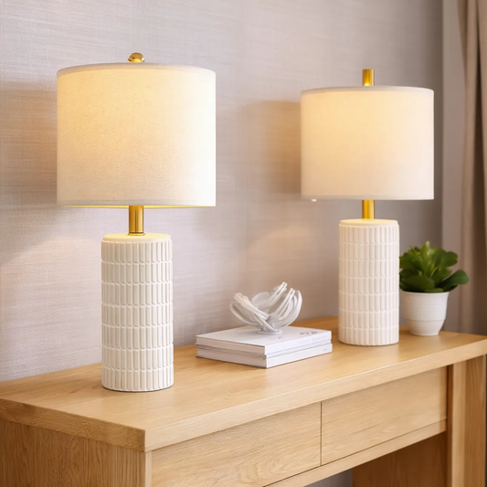 Set of 2 White Ceramic Table Lamps, Modern Farmhouse Bedside Nightstand Light