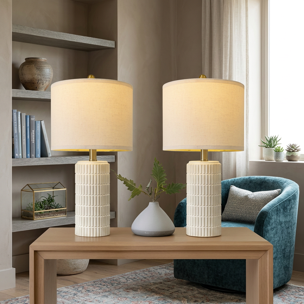 Set of 2 White Ceramic Table Lamps, Modern Farmhouse Bedside Nightstand Light