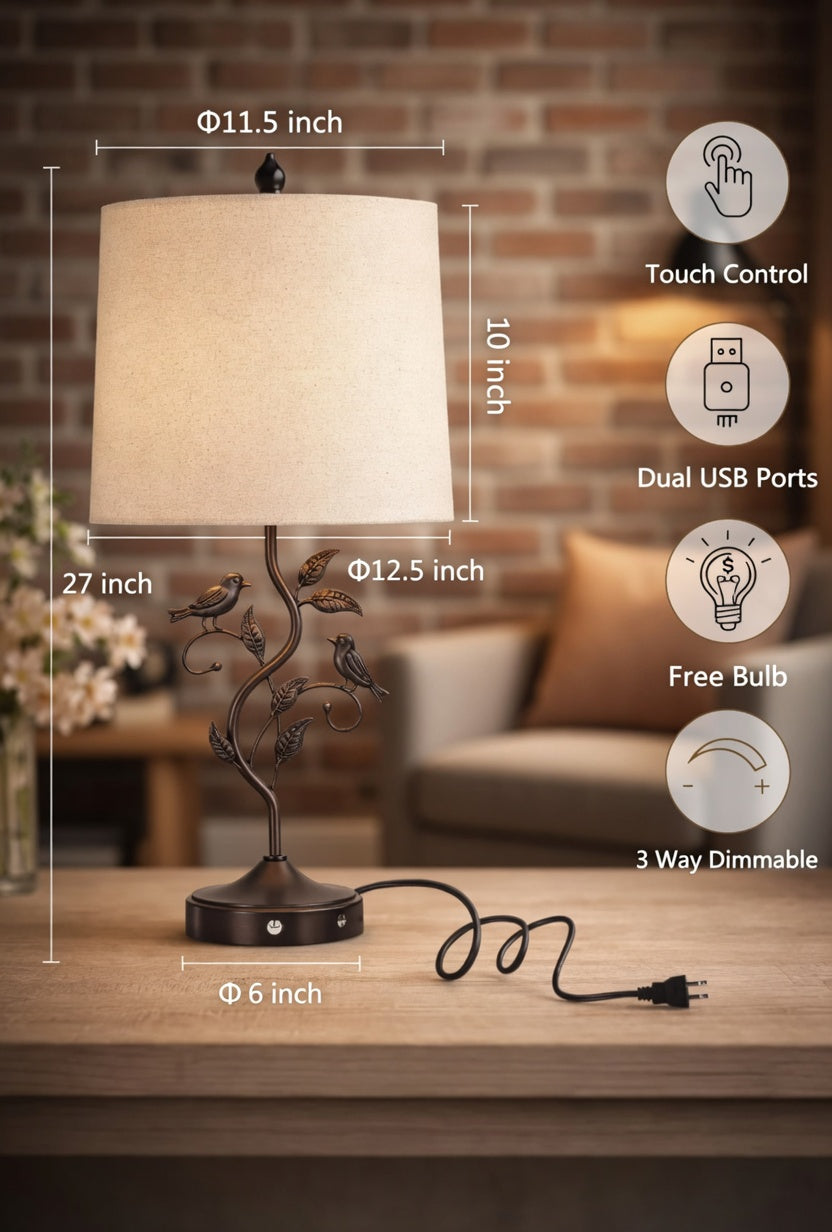 Set of 2 Farmhouse Table Lamps, Touch Control Bedside Nightstand Lamp, USB Charging Ports