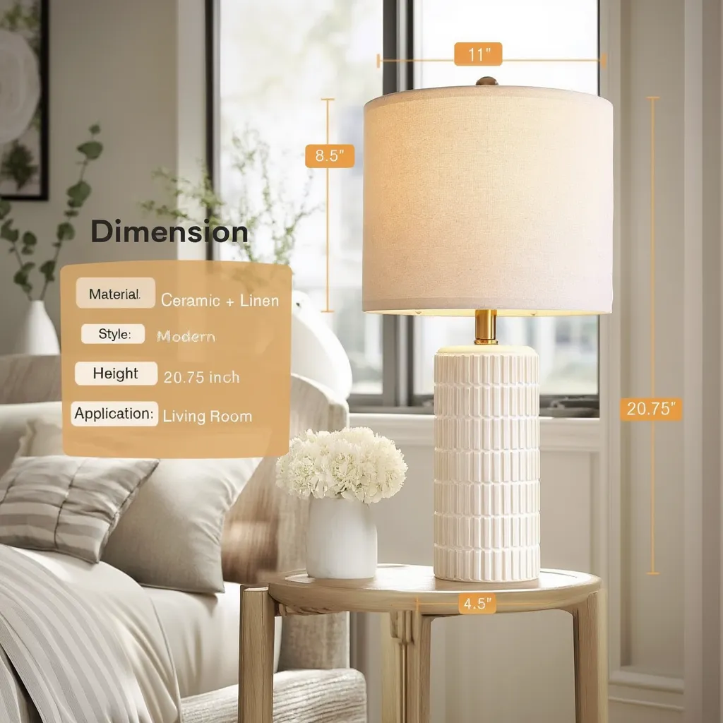 Set of 2 White Ceramic Table Lamps, Modern Farmhouse Bedside Nightstand Light