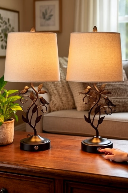 Set of 2 Farmhouse Table Lamps, Touch Control Bedside Nightstand Lamp, USB Charging Ports