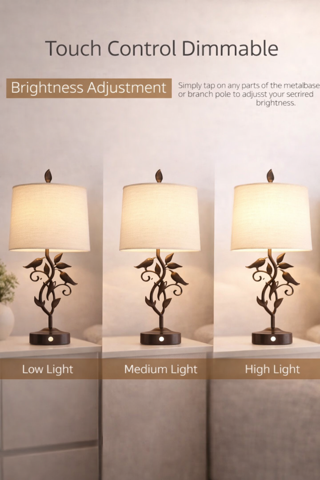 Set of 2 Farmhouse Table Lamps, Touch Control Bedside Nightstand Lamp, USB Charging Ports