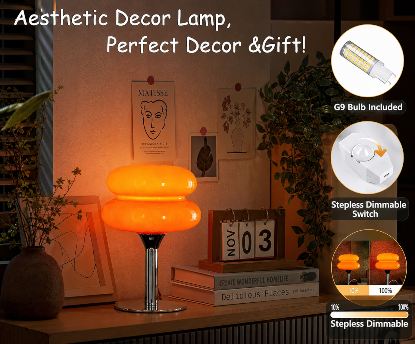 Retro Orange Mushroom Desk Lamp – Vintage Mid Century Nightstand Style
